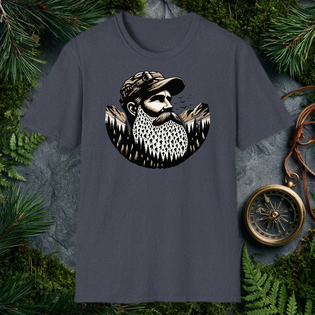 A bearded outdoorsman looks toward the peaks, his full beard packed with tiny backpacker silhouettes threading through pine forests — drawn for the hiker who's…