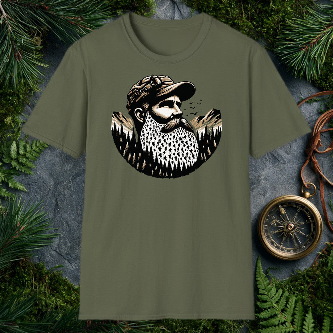 A bearded outdoorsman looks toward the peaks, his full beard packed with tiny backpacker silhouettes threading through pine forests — drawn for the hiker who's…
