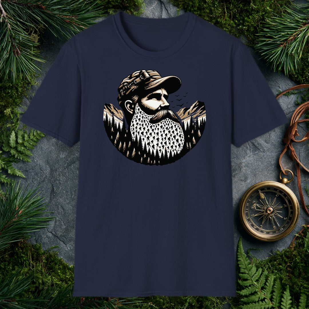 A bearded outdoorsman looks toward the peaks, his full beard packed with tiny backpacker silhouettes threading through pine forests — drawn for the hiker who's…