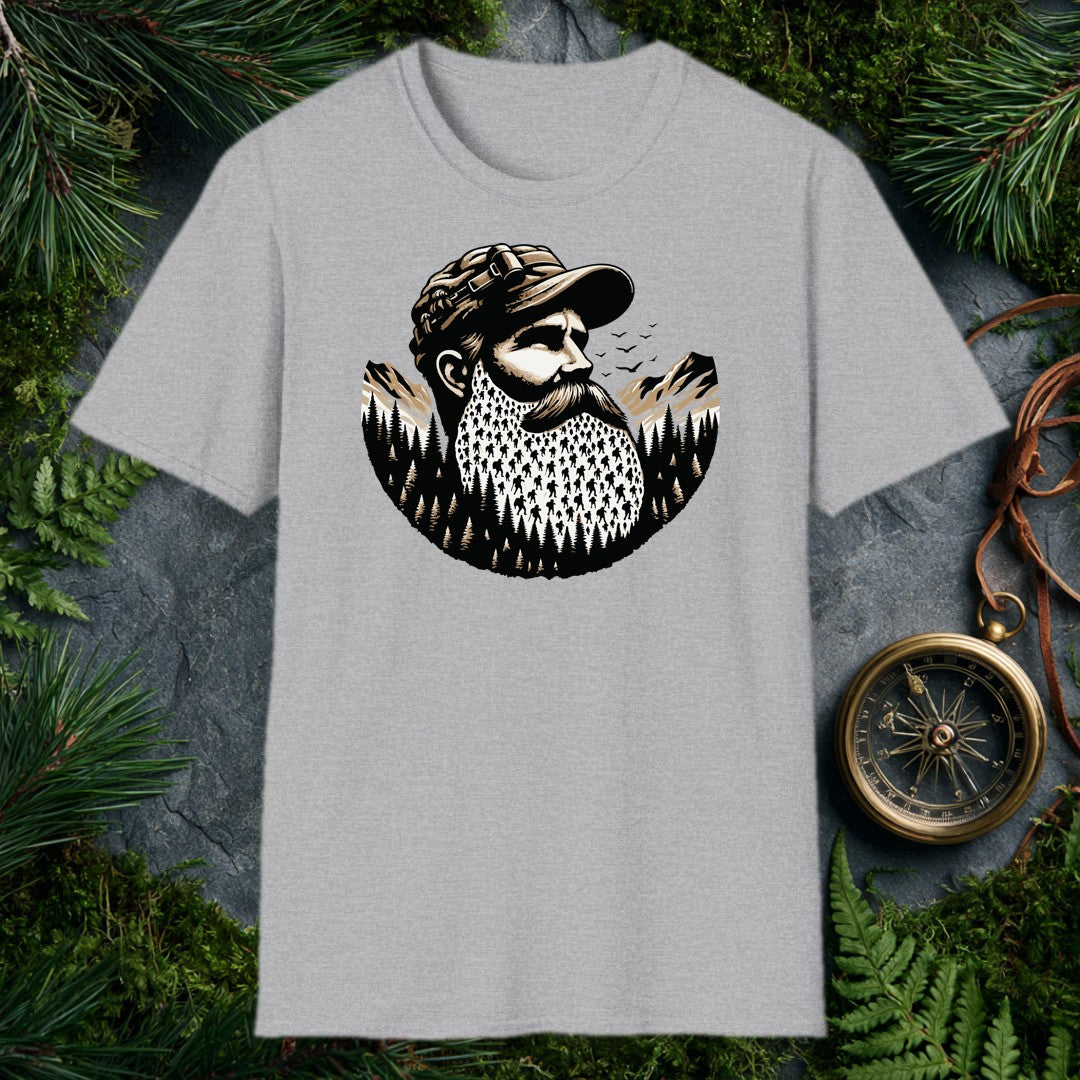 A bearded outdoorsman looks toward the peaks, his full beard packed with tiny backpacker silhouettes threading through pine forests — drawn for the hiker who's…