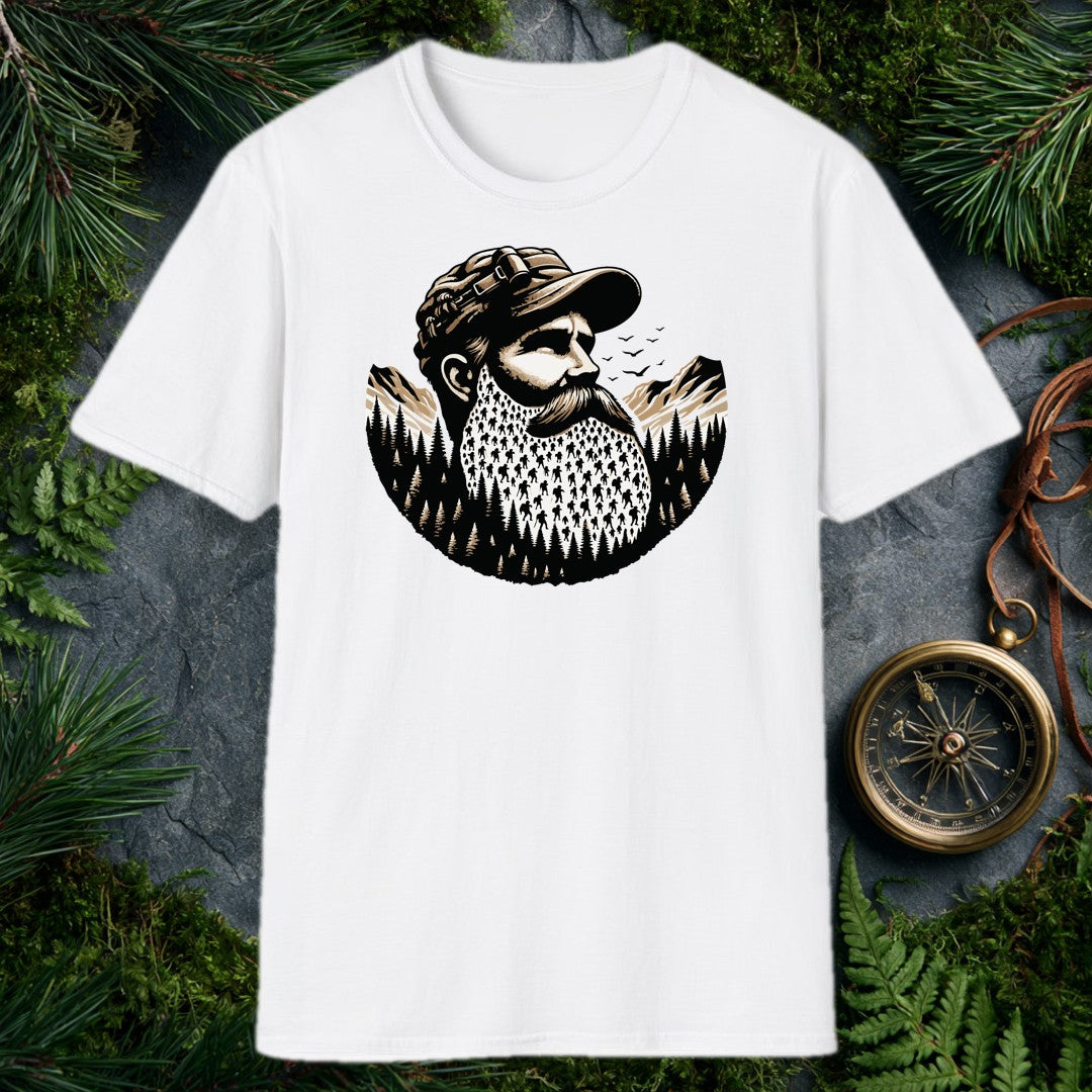 A bearded outdoorsman looks toward the peaks, his full beard packed with tiny backpacker silhouettes threading through pine forests — drawn for the hiker who's…