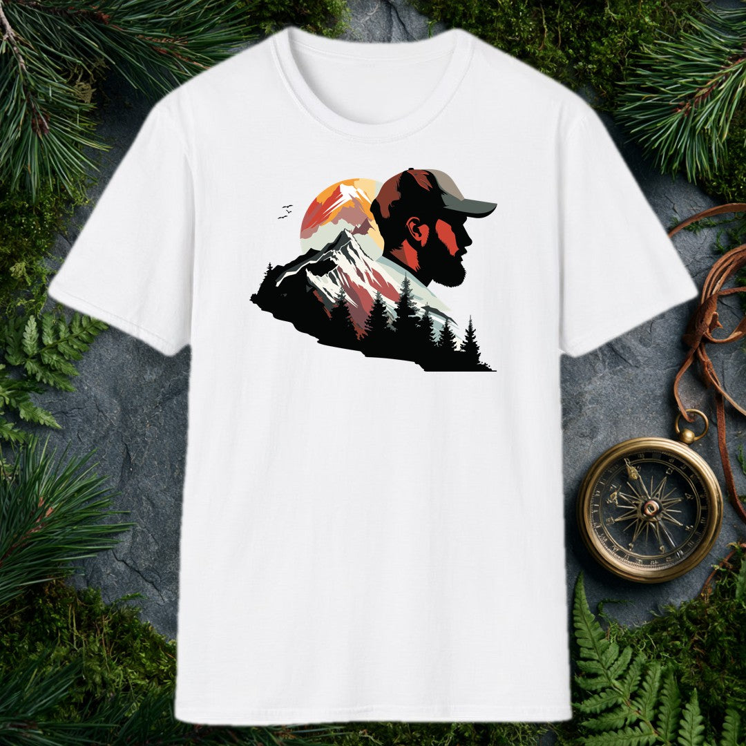 A bearded man in a trail cap gazes into a double-exposure scene — snow-capped peaks rising through a warm sunset circle, pine silhouettes crowding the valley…