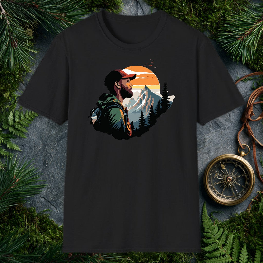 A bearded hiker with a loaded pack pauses to take in a snow-capped peak rising above a pine forest under a wide orange sunrise — for the person who knows…