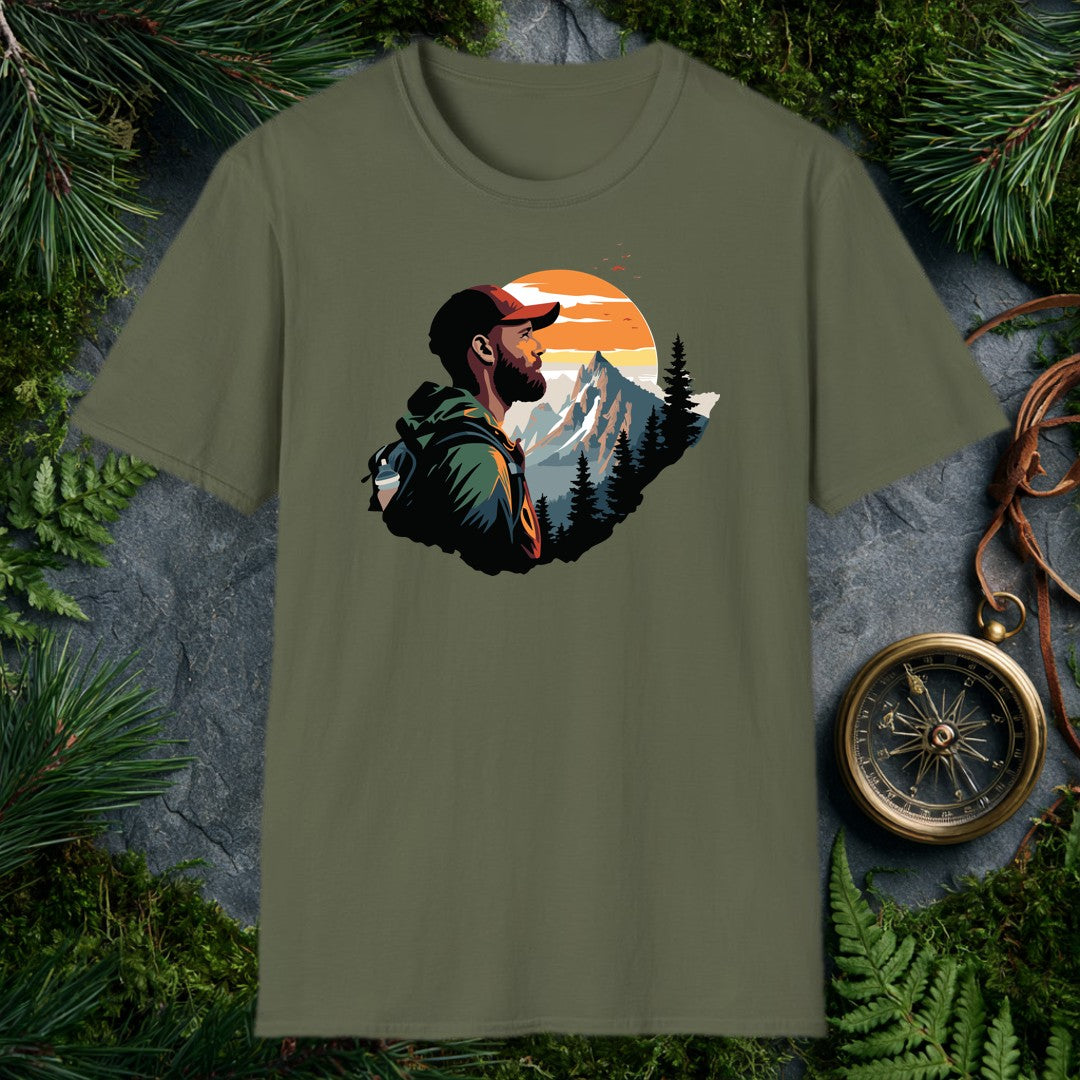 A bearded hiker with a loaded pack pauses to take in a snow-capped peak rising above a pine forest under a wide orange sunrise — for the person who knows…