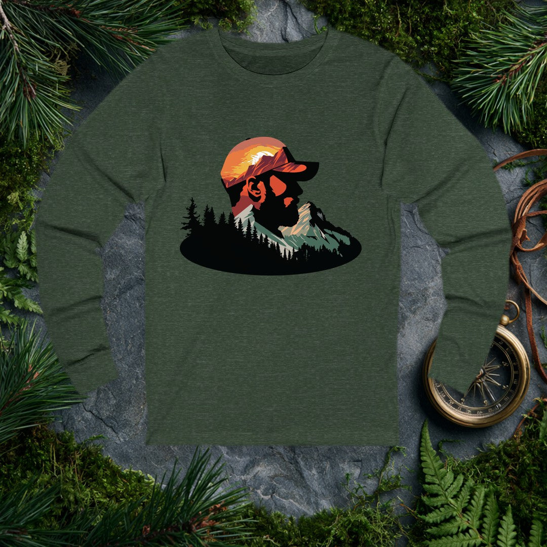A bearded man in a ball cap becomes the landscape itself — mountains rise through his profile, pines crowd the ridge below, and a warm sunset burns behind the…