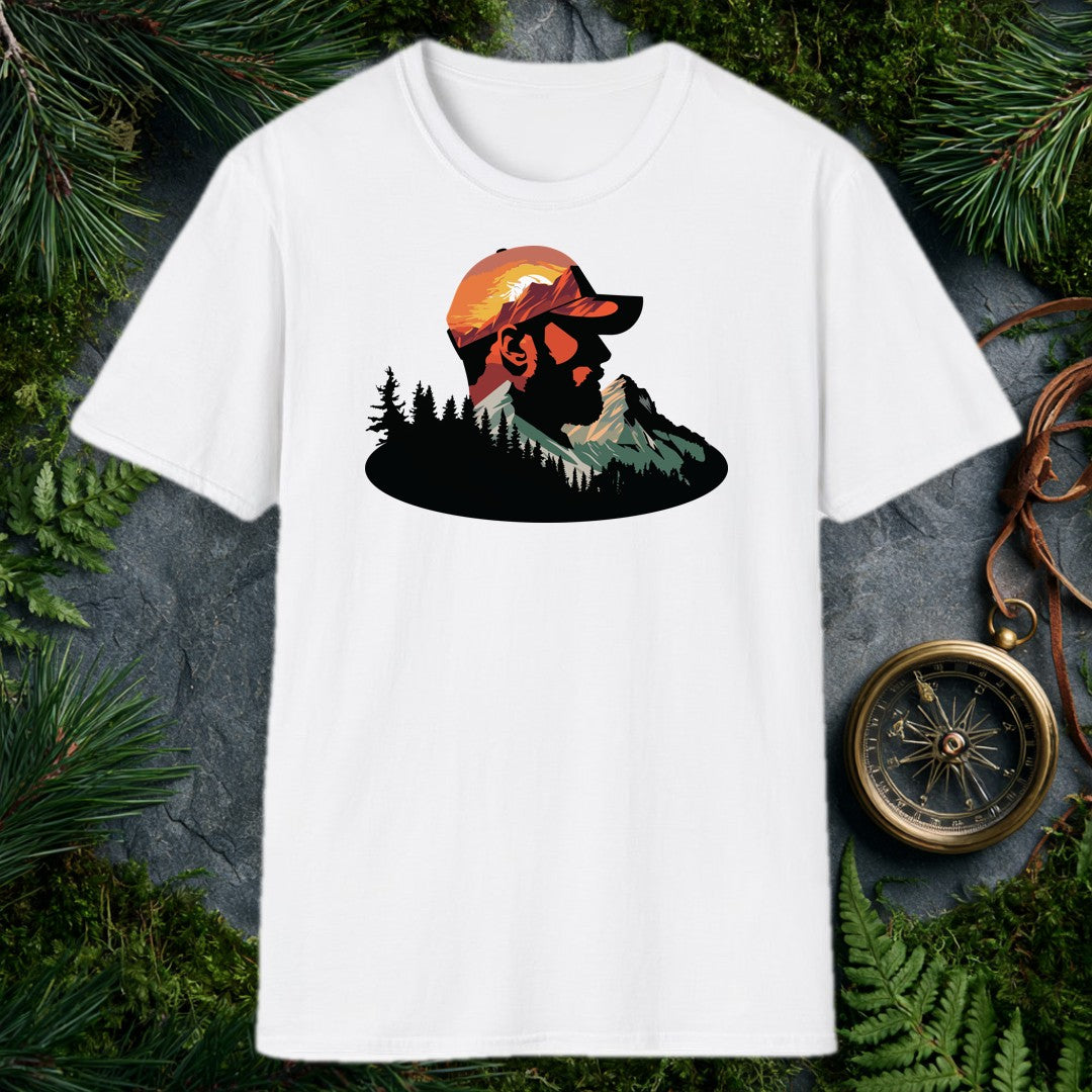 A bearded man in a ball cap becomes the landscape itself — mountains rise through his profile, pines crowd the ridge below, and a warm sunset burns behind the…