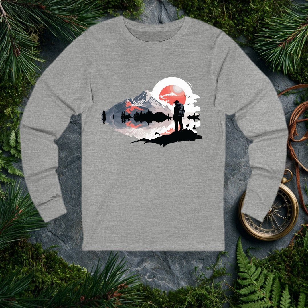 A backpacker stands at the edge of a still mountain lake, silhouetted against a wide coral sun, pine ridges mirrored in the water below — drawn for the person…