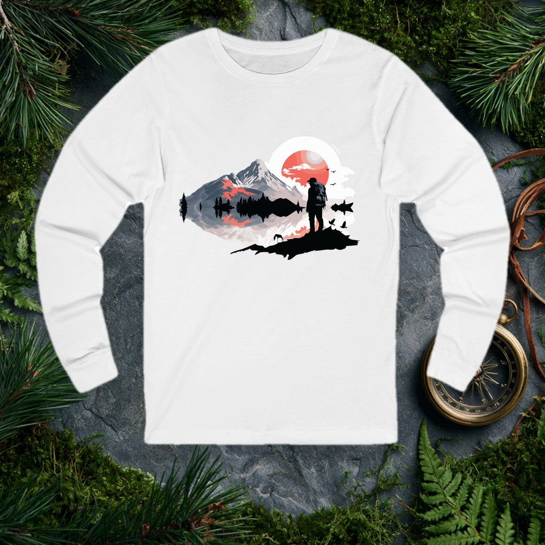 A backpacker stands at the edge of a still mountain lake, silhouetted against a wide coral sun, pine ridges mirrored in the water below — drawn for the person…