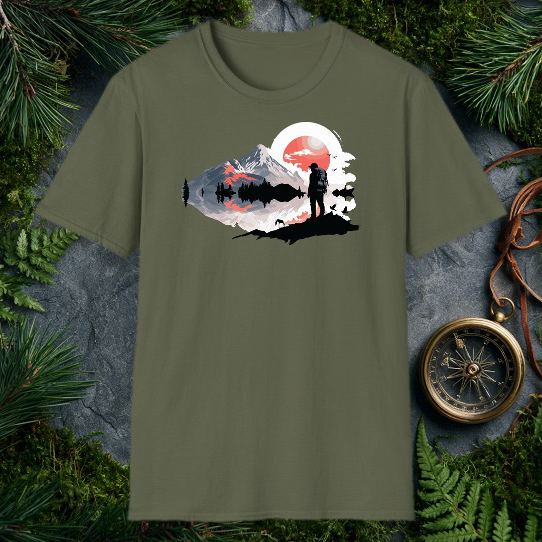 A backpacker stands at the edge of a still mountain lake, silhouetted against a wide coral sun, pine ridges mirrored in the water below — drawn for the person…