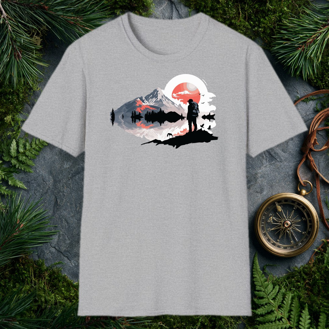 A backpacker stands at the edge of a still mountain lake, silhouetted against a wide coral sun, pine ridges mirrored in the water below — drawn for the person…