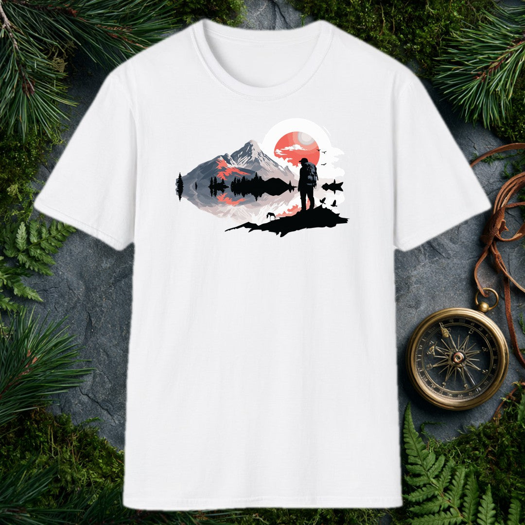 A backpacker stands at the edge of a still mountain lake, silhouetted against a wide coral sun, pine ridges mirrored in the water below — drawn for the person…
