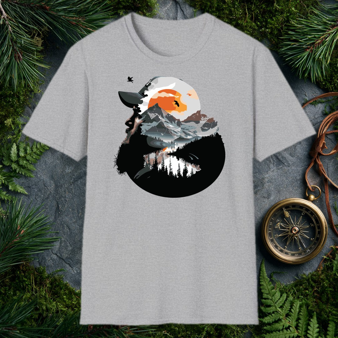 A bearded hiker looks skyward into a double-exposure scene — snow-capped peaks, a mirror-still alpine lake, pine silhouettes, and a rising amber sun with birds…