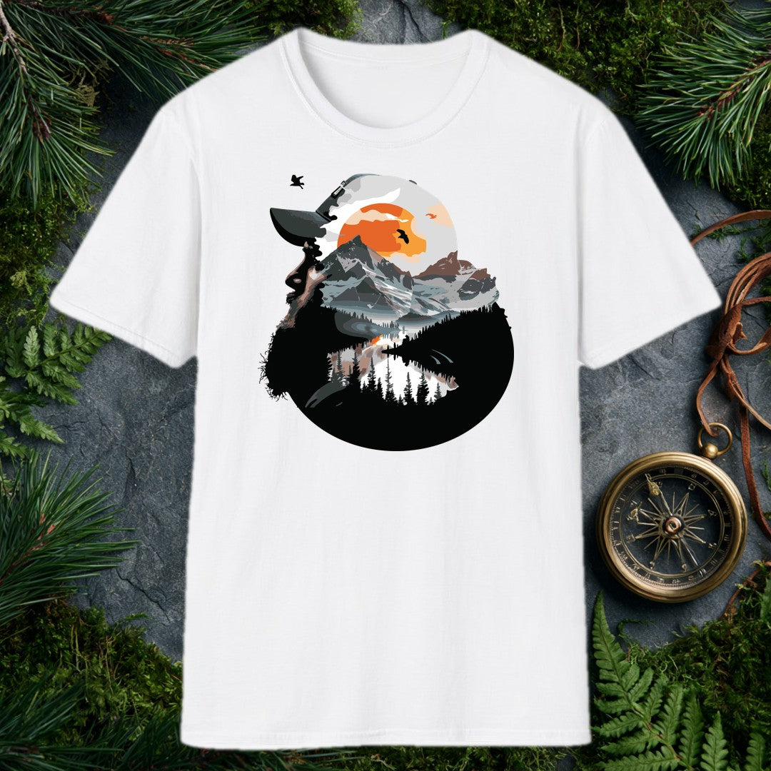 A bearded hiker looks skyward into a double-exposure scene — snow-capped peaks, a mirror-still alpine lake, pine silhouettes, and a rising amber sun with birds…