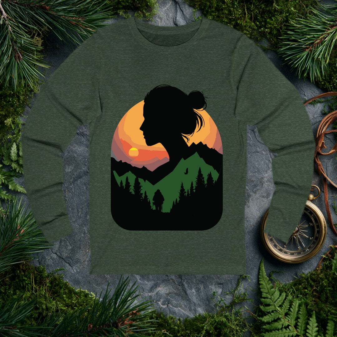 A woman's silhouette frames a layered mountain sunset — pine forest below, a lone backpacker on the trail, a bird crossing the orange sky above the ridgeline.…