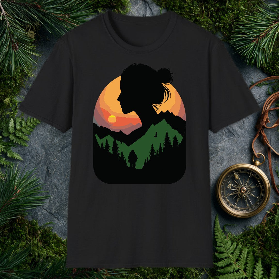 A woman's silhouette frames a layered mountain sunset — pine forest below, a lone backpacker on the trail, a bird crossing the orange sky above the ridgeline.…