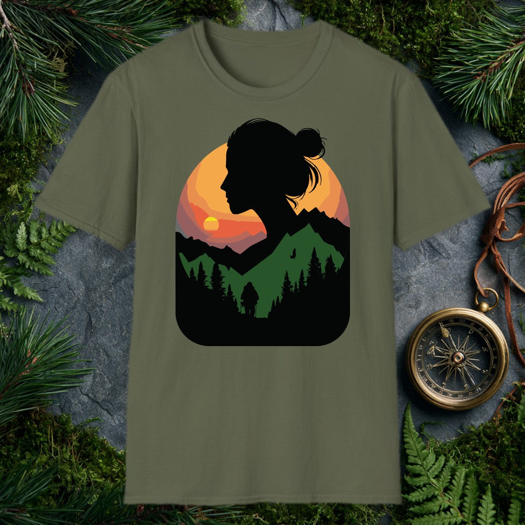 A woman's silhouette frames a layered mountain sunset — pine forest below, a lone backpacker on the trail, a bird crossing the orange sky above the ridgeline.…