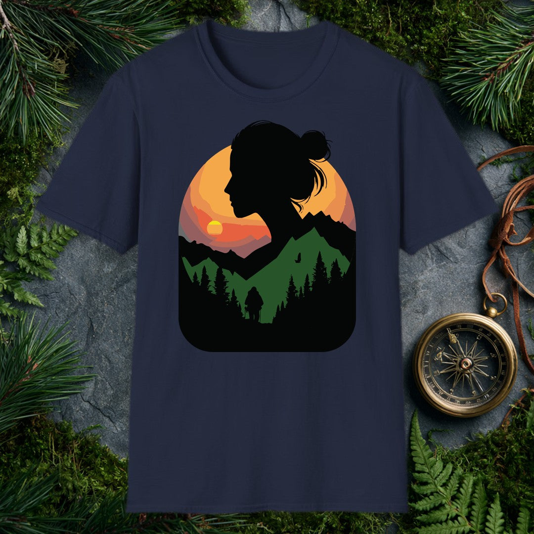 A woman's silhouette frames a layered mountain sunset — pine forest below, a lone backpacker on the trail, a bird crossing the orange sky above the ridgeline.…