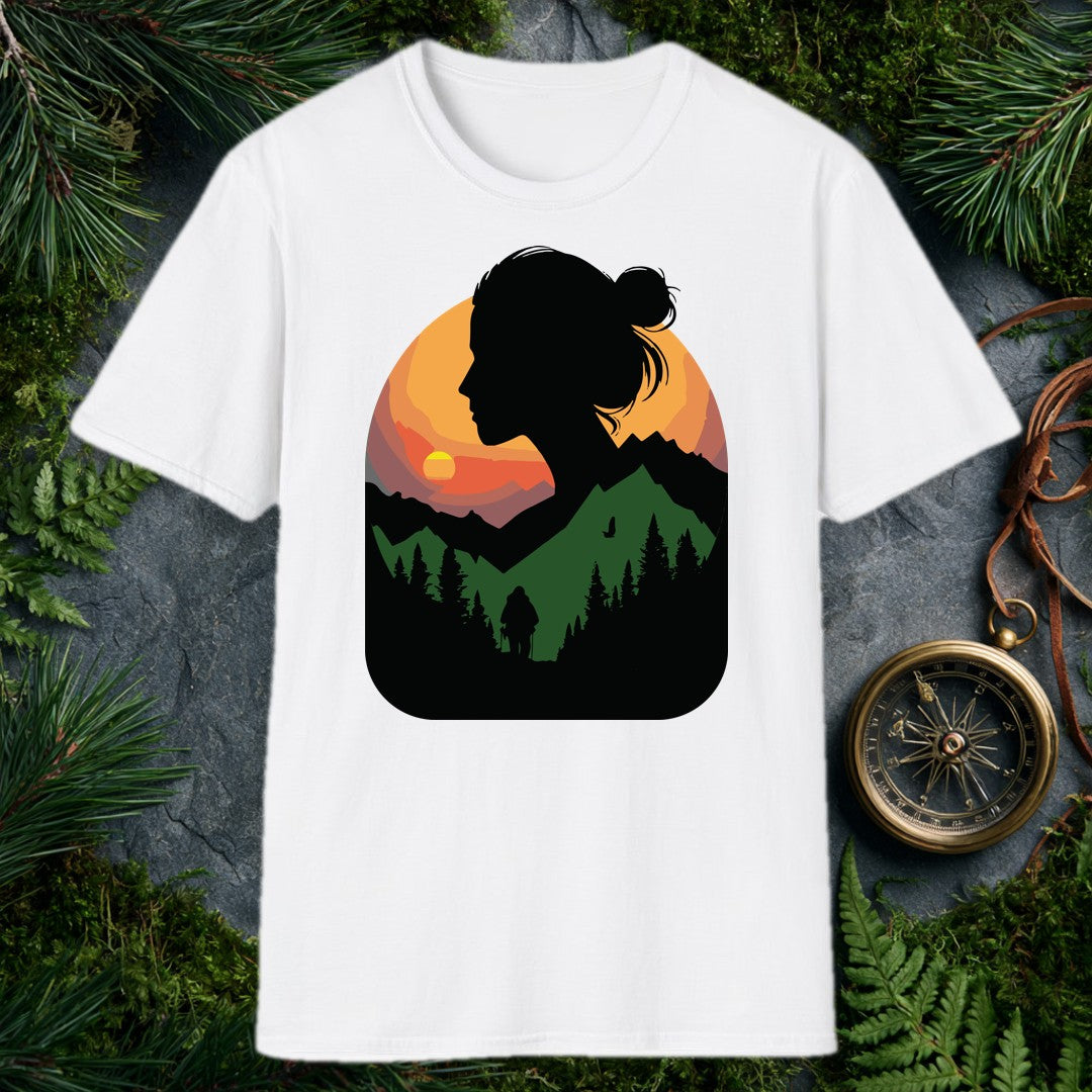 A woman's silhouette frames a layered mountain sunset — pine forest below, a lone backpacker on the trail, a bird crossing the orange sky above the ridgeline.…