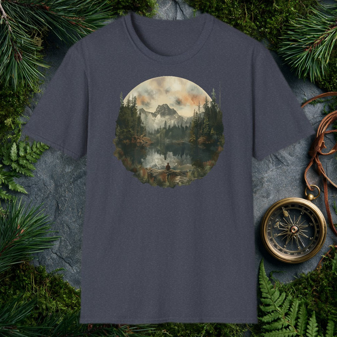 A lone figure sits on a fallen log at the edge of a still alpine lake, watching jagged snow-capped peaks and a stand of dark pines mirror themselves perfectly…