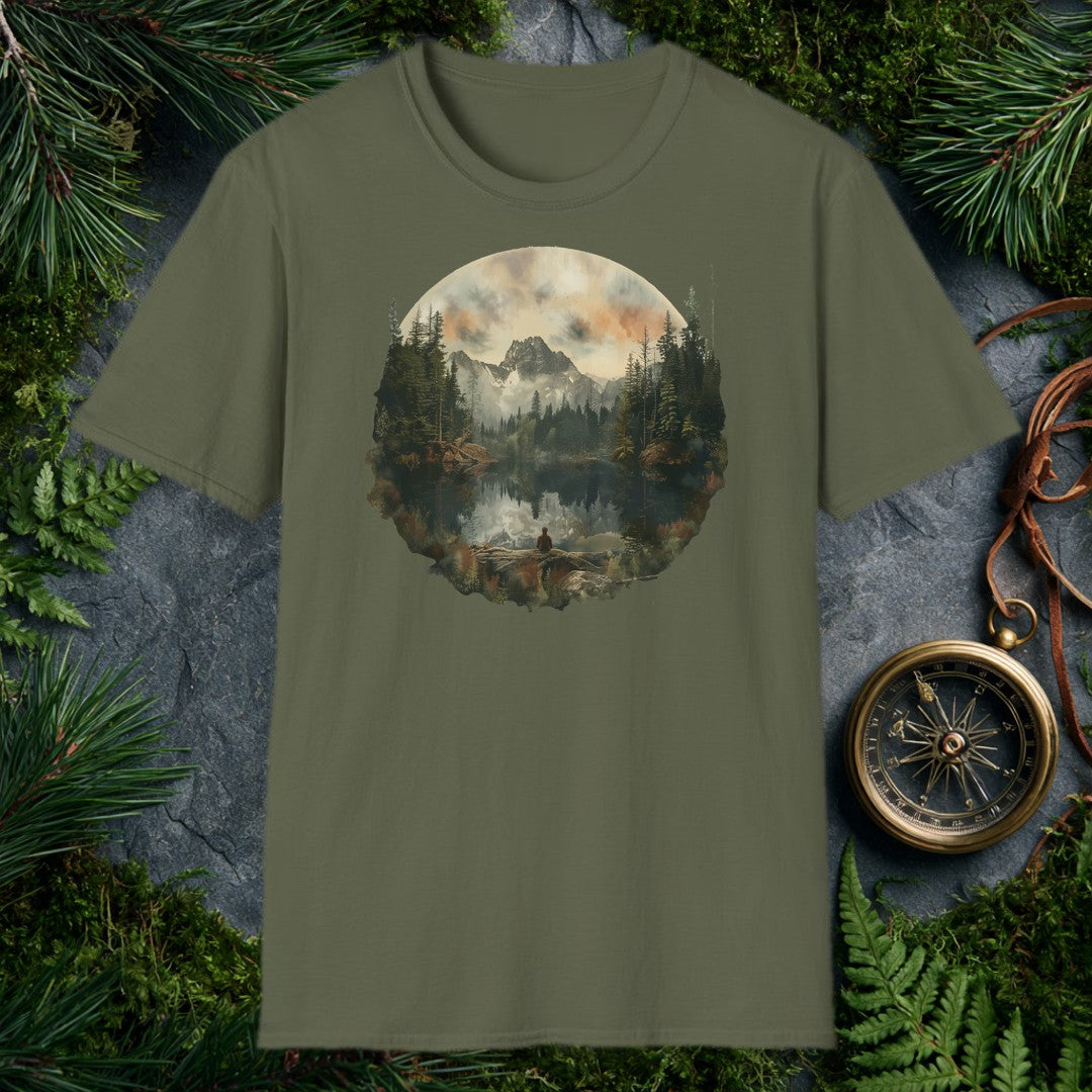 A lone figure sits on a fallen log at the edge of a still alpine lake, watching jagged snow-capped peaks and a stand of dark pines mirror themselves perfectly…