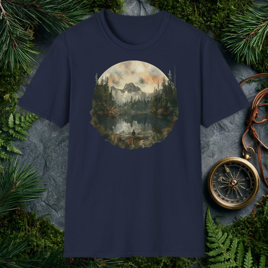 A lone figure sits on a fallen log at the edge of a still alpine lake, watching jagged snow-capped peaks and a stand of dark pines mirror themselves perfectly…