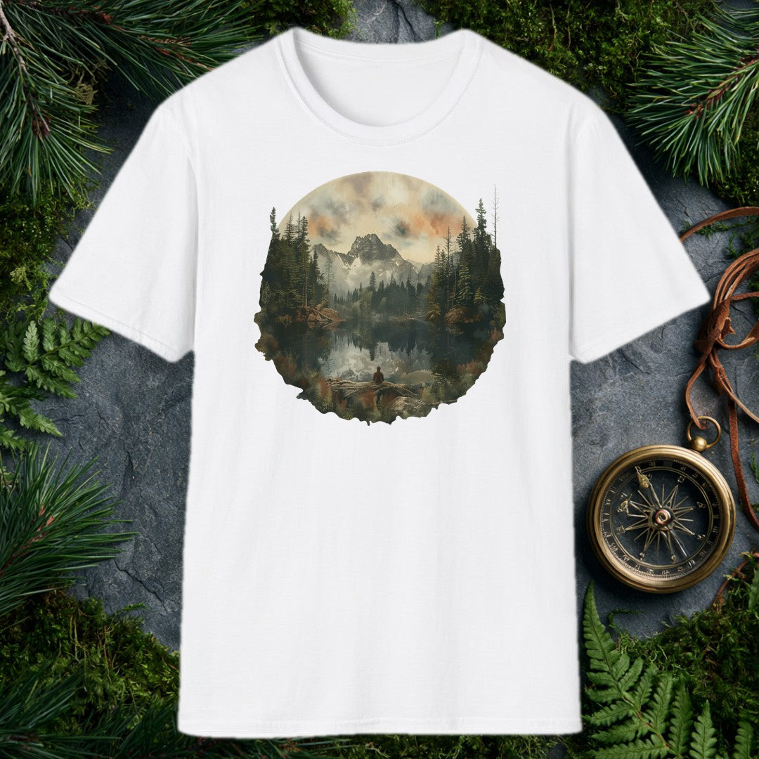 A lone figure sits on a fallen log at the edge of a still alpine lake, watching jagged snow-capped peaks and a stand of dark pines mirror themselves perfectly…