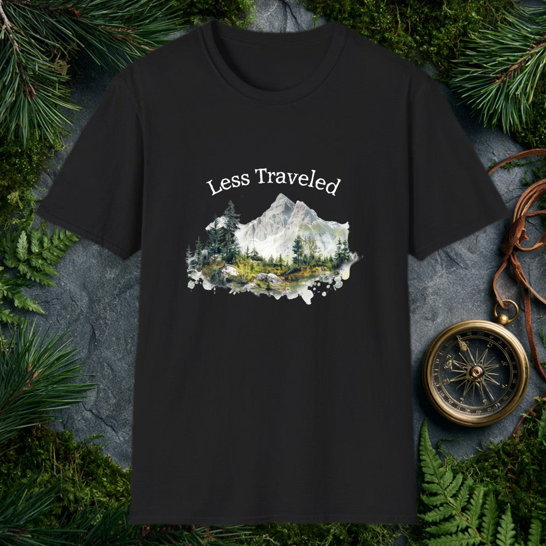 A rugged granite peak rises behind a quiet forest of spruce and scattered boulders, the whole scene dissolving at the edges into soft watercolor wash — made…