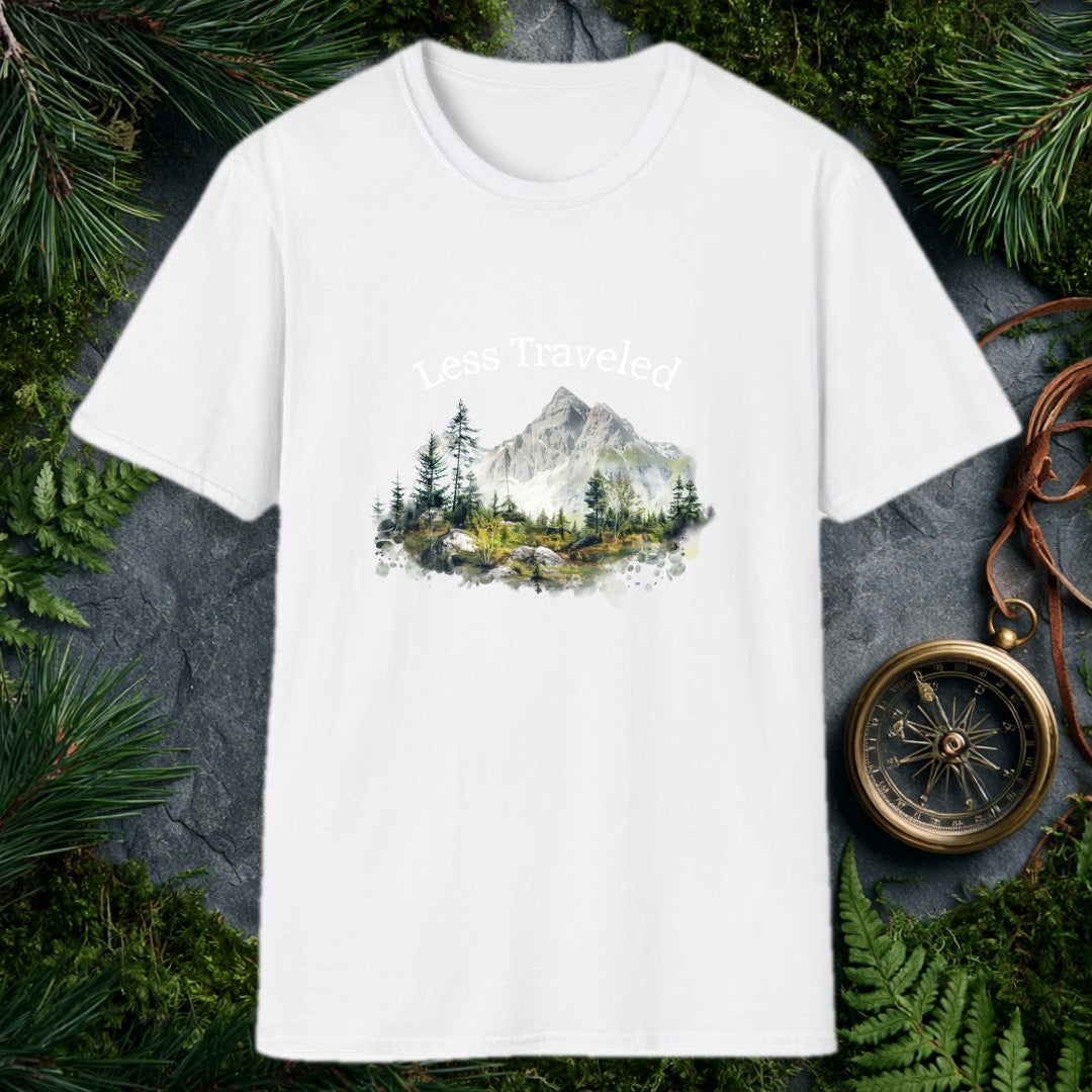 A rugged granite peak rises behind a quiet forest of spruce and scattered boulders, the whole scene dissolving at the edges into soft watercolor wash — made…