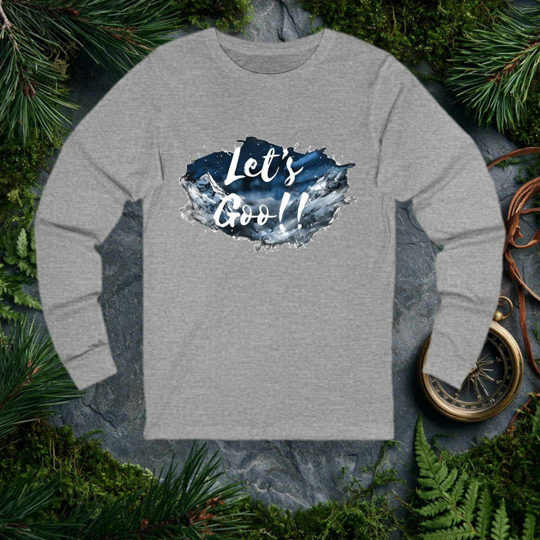 A watercolor splash of snow-capped peaks under a deep midnight-blue sky carries the words Let's Goo!! in bold brushstroke script — for the person who needs…