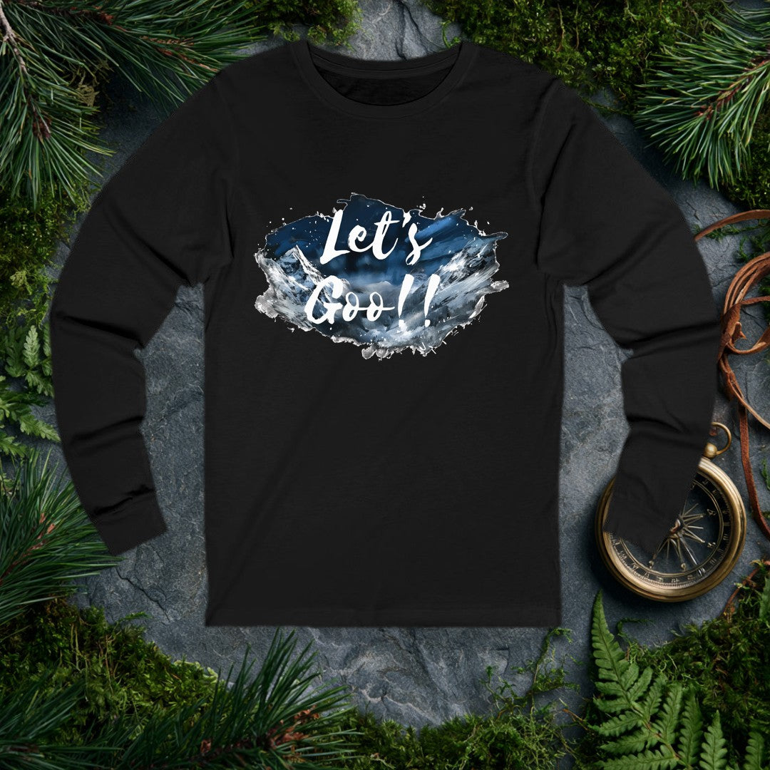 A watercolor splash of snow-capped peaks under a deep midnight-blue sky carries the words Let's Goo!! in bold brushstroke script — for the person who needs…