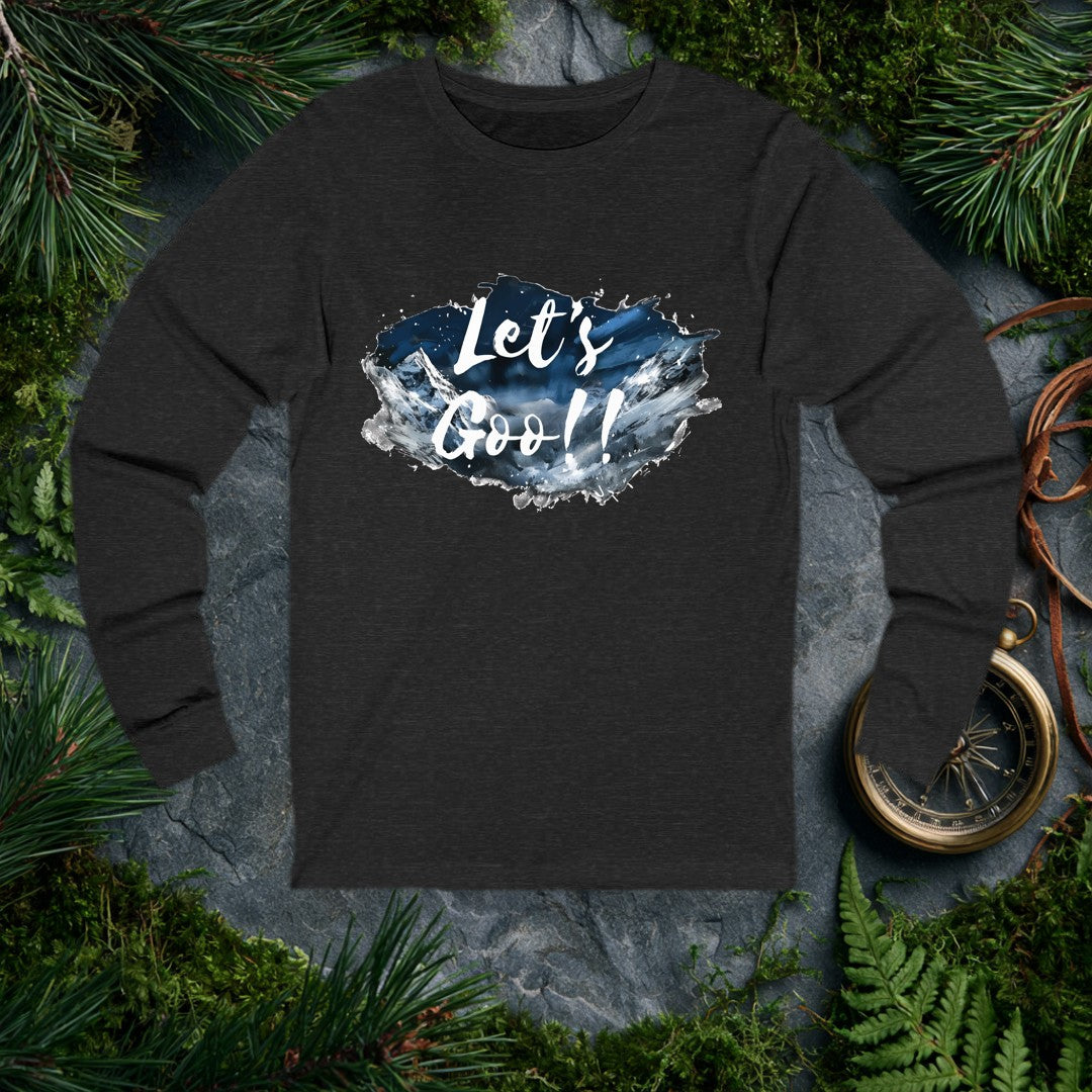 A watercolor splash of snow-capped peaks under a deep midnight-blue sky carries the words Let's Goo!! in bold brushstroke script — for the person who needs…