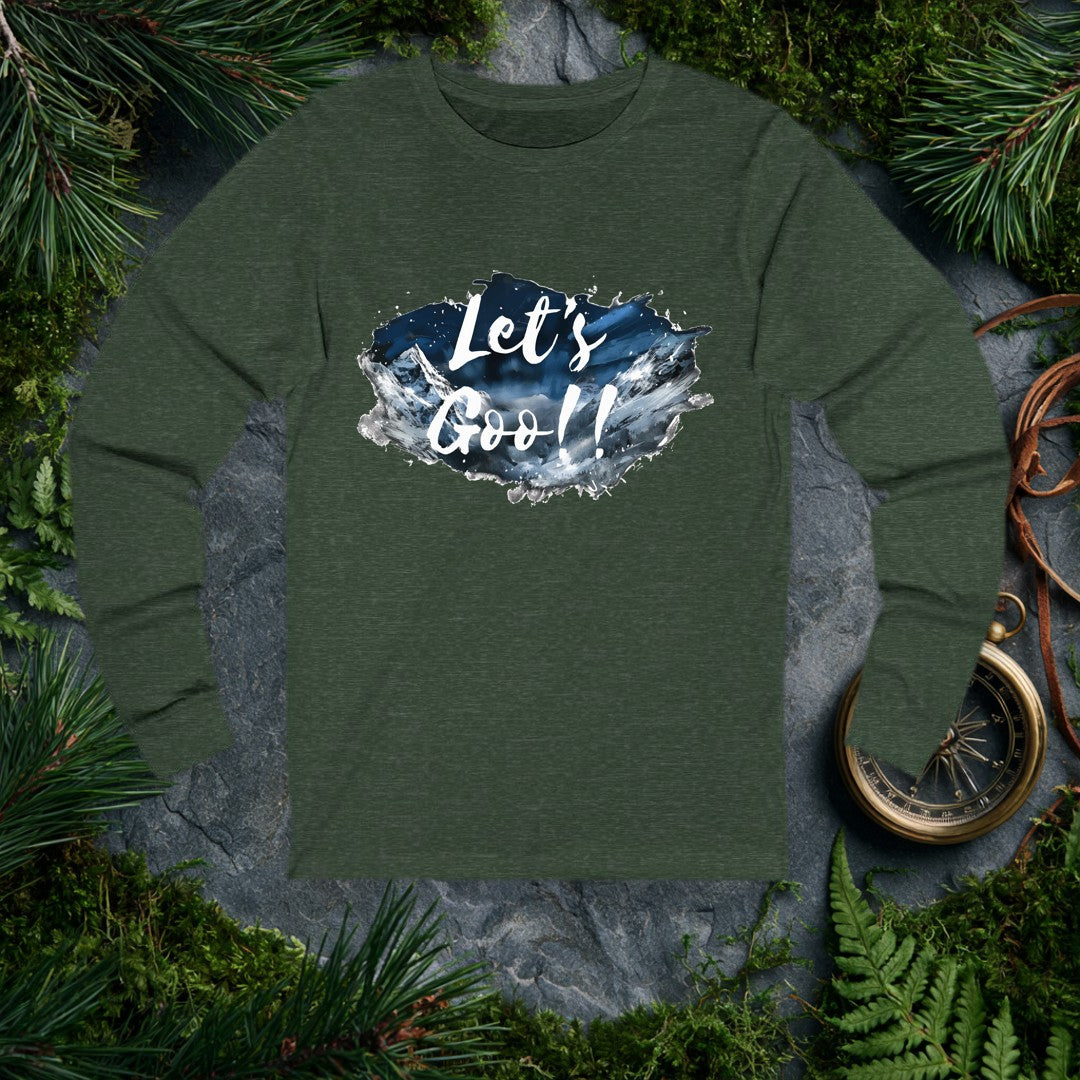 A watercolor splash of snow-capped peaks under a deep midnight-blue sky carries the words Let's Goo!! in bold brushstroke script — for the person who needs…