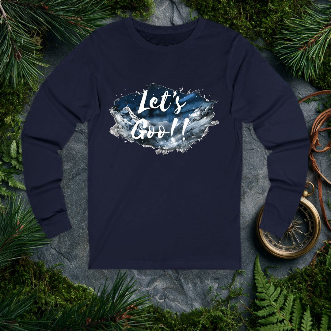 A watercolor splash of snow-capped peaks under a deep midnight-blue sky carries the words Let's Goo!! in bold brushstroke script — for the person who needs…