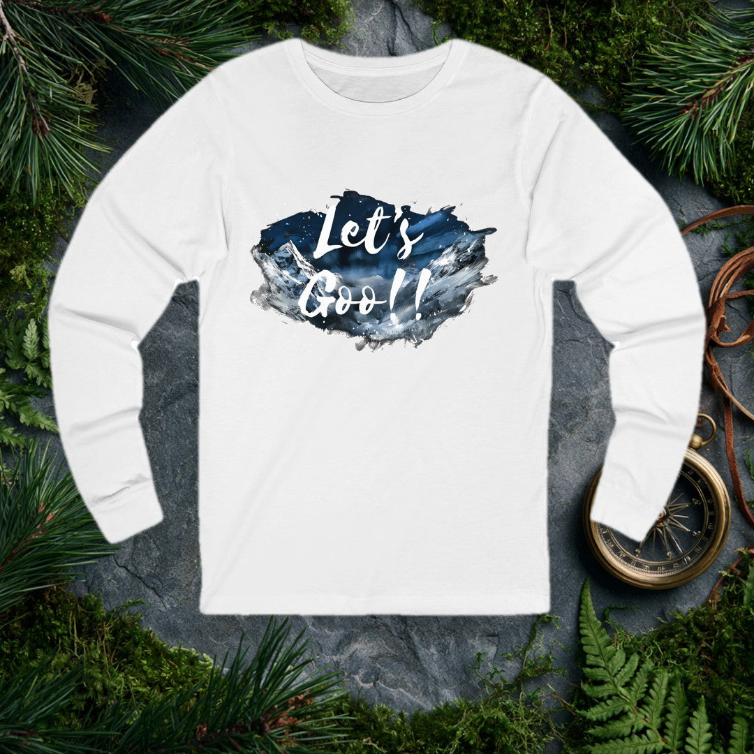 A watercolor splash of snow-capped peaks under a deep midnight-blue sky carries the words Let's Goo!! in bold brushstroke script — for the person who needs…