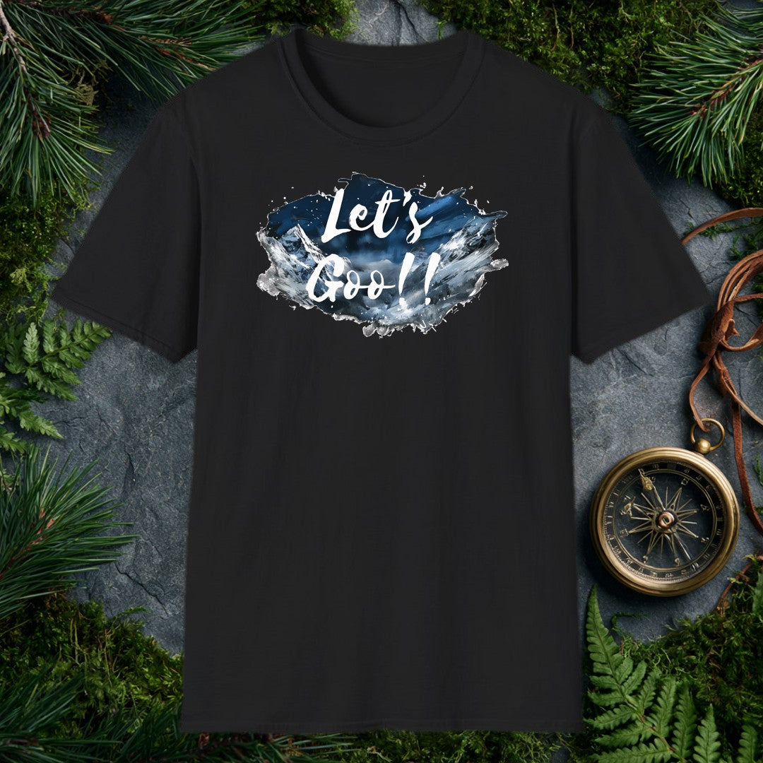 A watercolor splash of snow-capped peaks under a deep midnight-blue sky carries the words Let's Goo!! in bold brushstroke script — for the person who needs…