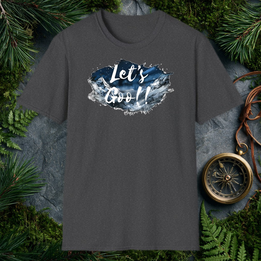 A watercolor splash of snow-capped peaks under a deep midnight-blue sky carries the words Let's Goo!! in bold brushstroke script — for the person who needs…