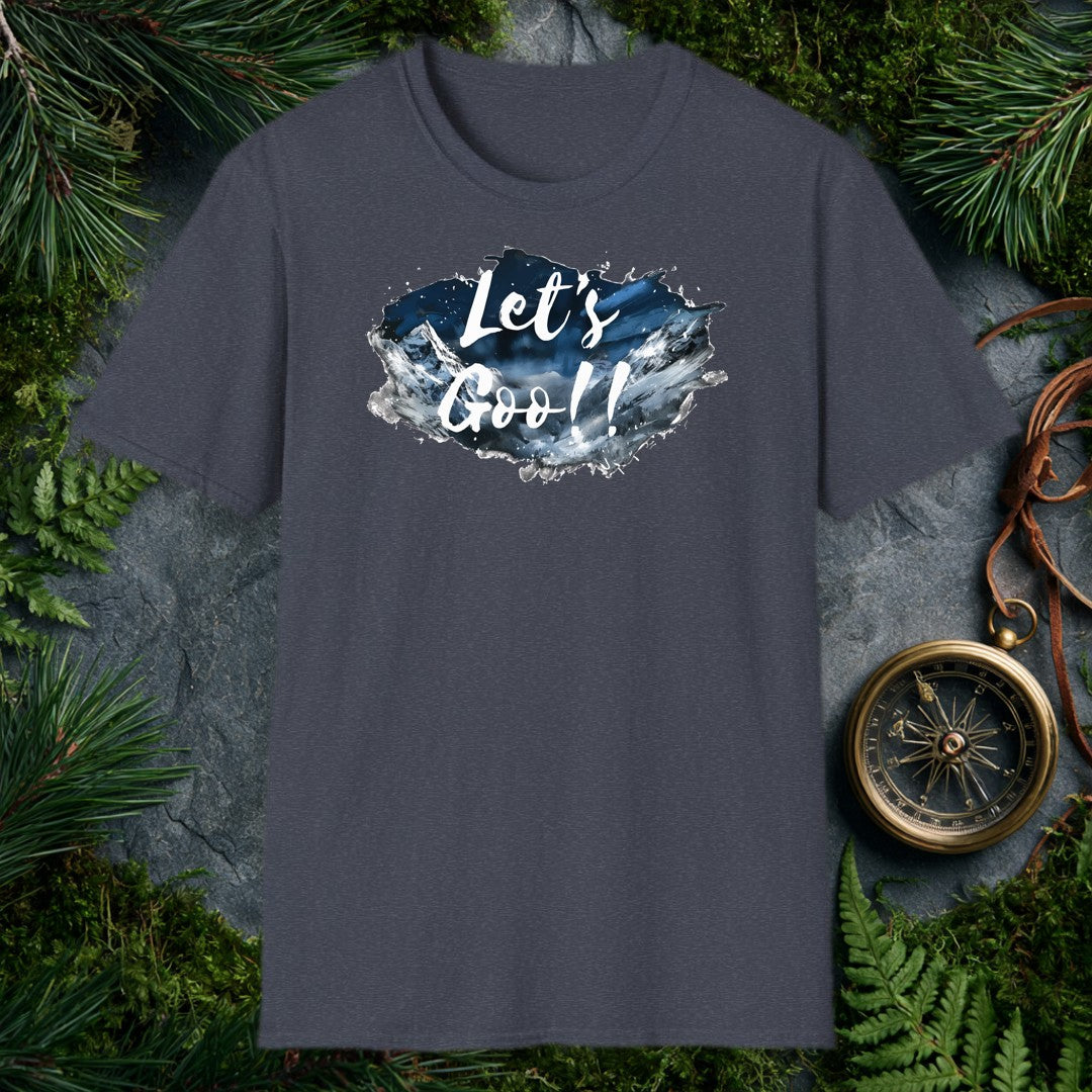 A watercolor splash of snow-capped peaks under a deep midnight-blue sky carries the words Let's Goo!! in bold brushstroke script — for the person who needs…