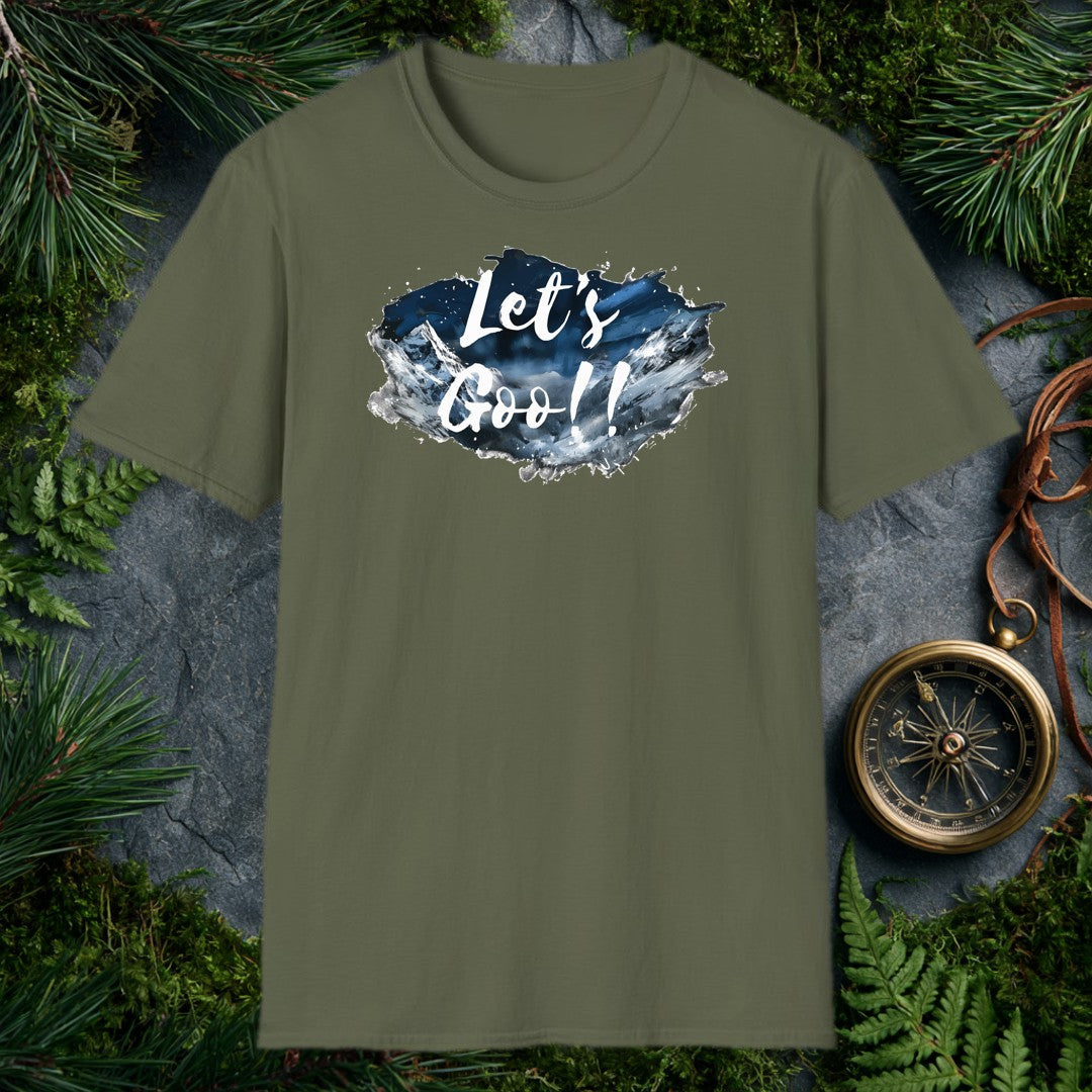A watercolor splash of snow-capped peaks under a deep midnight-blue sky carries the words Let's Goo!! in bold brushstroke script — for the person who needs…