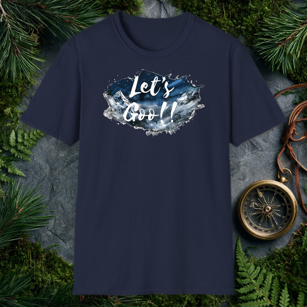 A watercolor splash of snow-capped peaks under a deep midnight-blue sky carries the words Let's Goo!! in bold brushstroke script — for the person who needs…