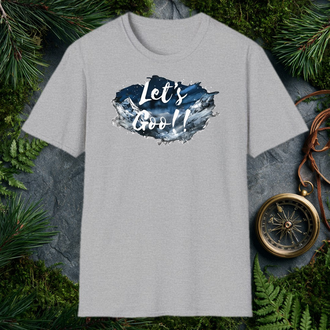 A watercolor splash of snow-capped peaks under a deep midnight-blue sky carries the words Let's Goo!! in bold brushstroke script — for the person who needs…