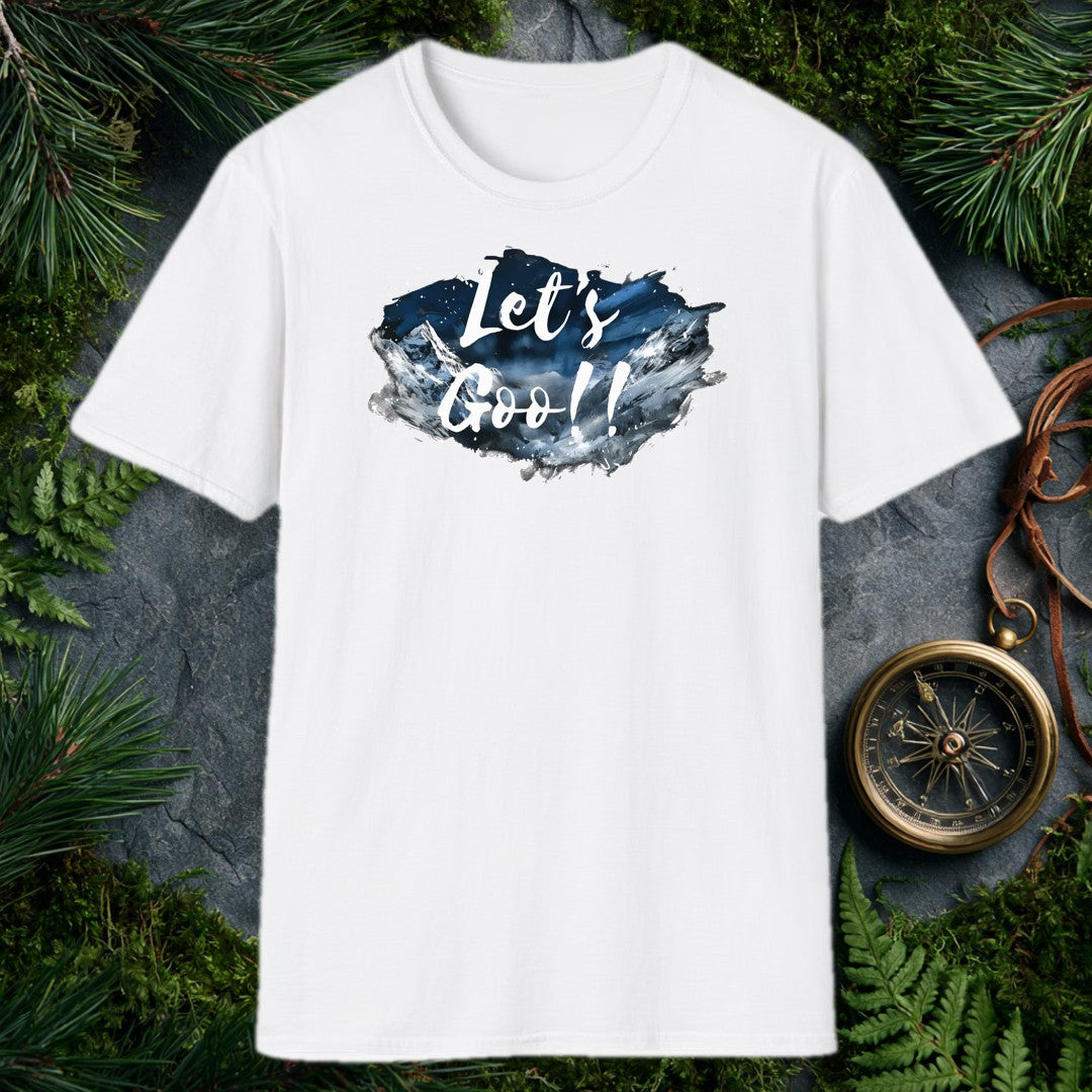 A watercolor splash of snow-capped peaks under a deep midnight-blue sky carries the words Let's Goo!! in bold brushstroke script — for the person who needs…
