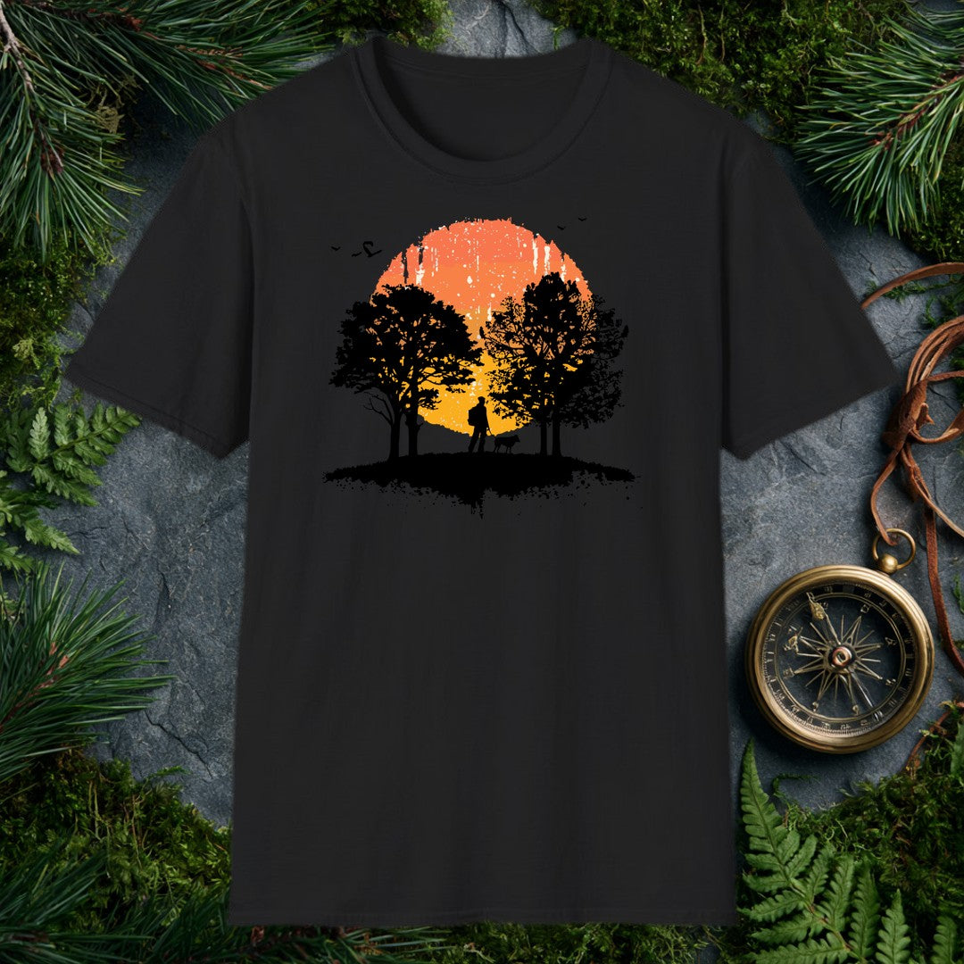 A backpacker and their dog stand together beneath broad hardwoods, silhouetted against a wide watercolor sun burning orange to gold — for anyone who measures a…