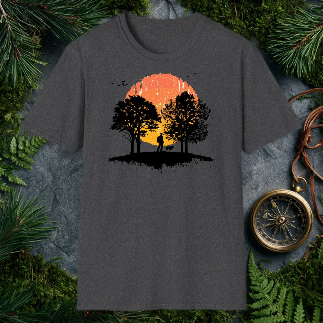A backpacker and their dog stand together beneath broad hardwoods, silhouetted against a wide watercolor sun burning orange to gold — for anyone who measures a…