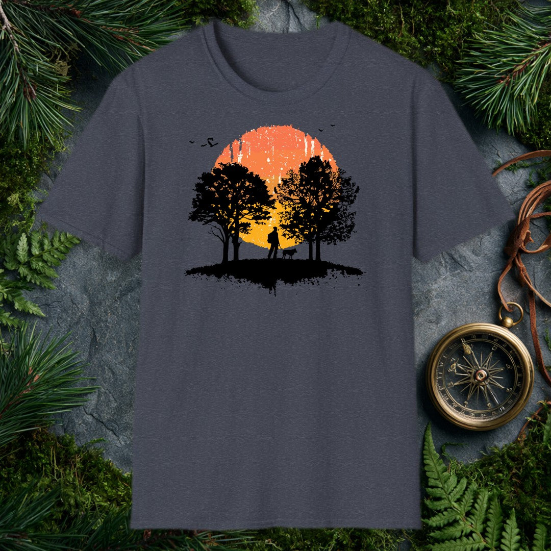 A backpacker and their dog stand together beneath broad hardwoods, silhouetted against a wide watercolor sun burning orange to gold — for anyone who measures a…