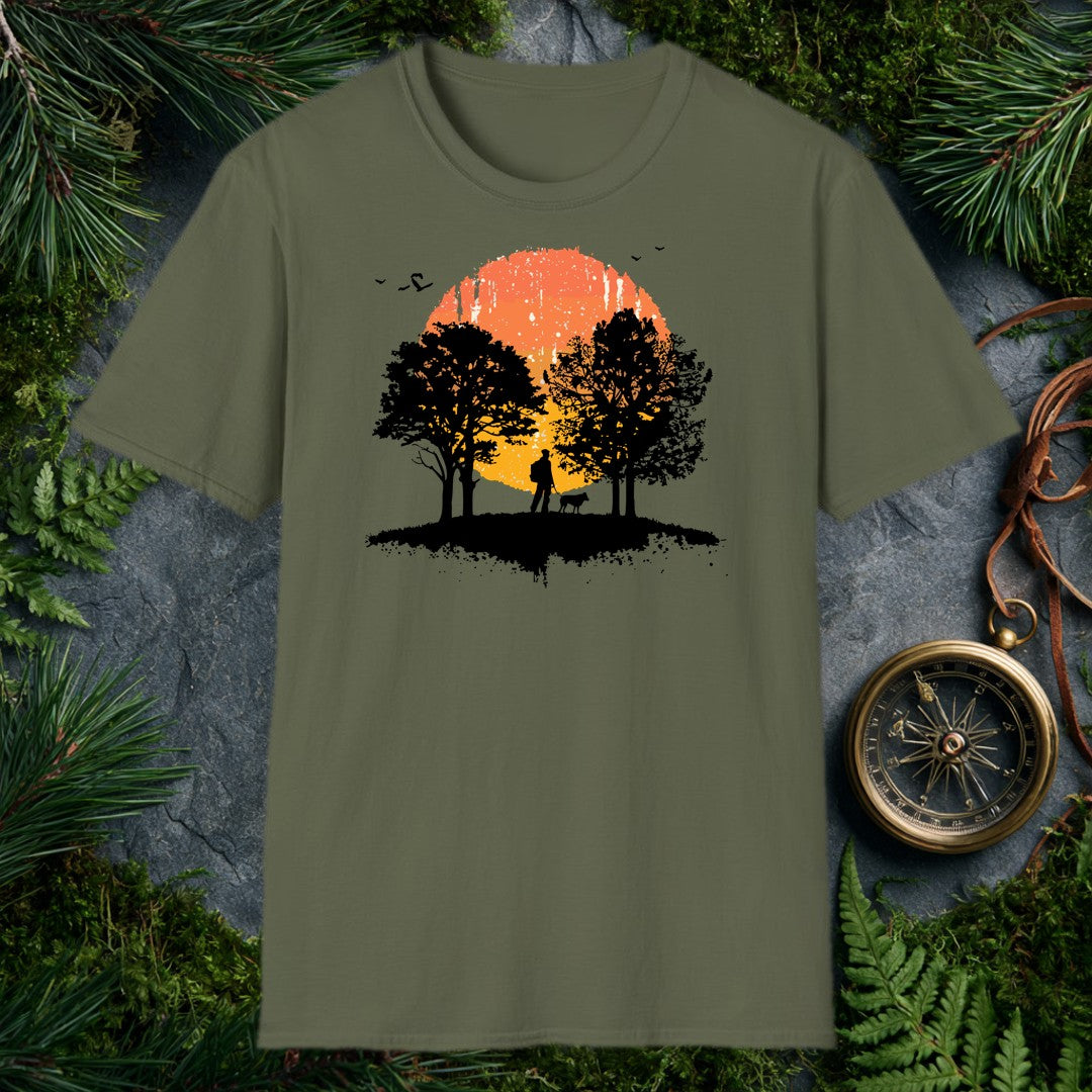 A backpacker and their dog stand together beneath broad hardwoods, silhouetted against a wide watercolor sun burning orange to gold — for anyone who measures a…