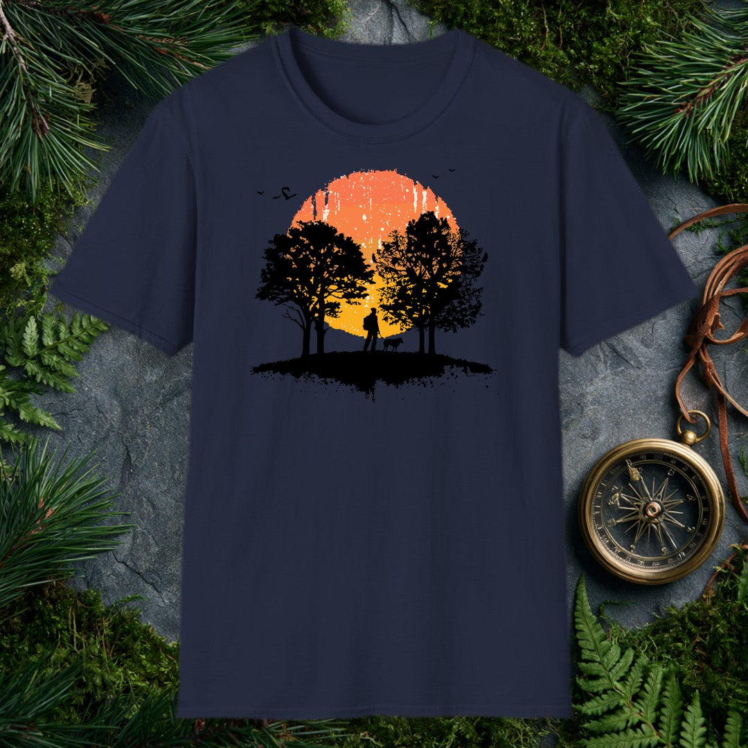 A backpacker and their dog stand together beneath broad hardwoods, silhouetted against a wide watercolor sun burning orange to gold — for anyone who measures a…