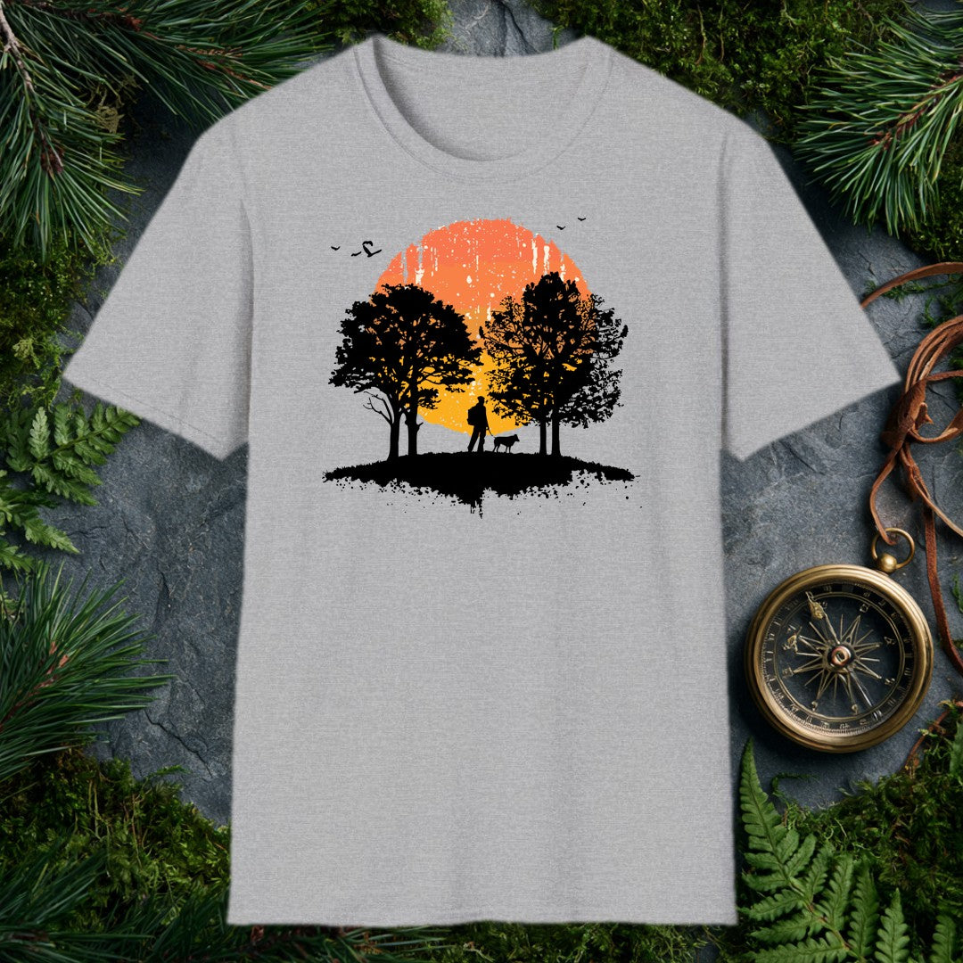 A backpacker and their dog stand together beneath broad hardwoods, silhouetted against a wide watercolor sun burning orange to gold — for anyone who measures a…