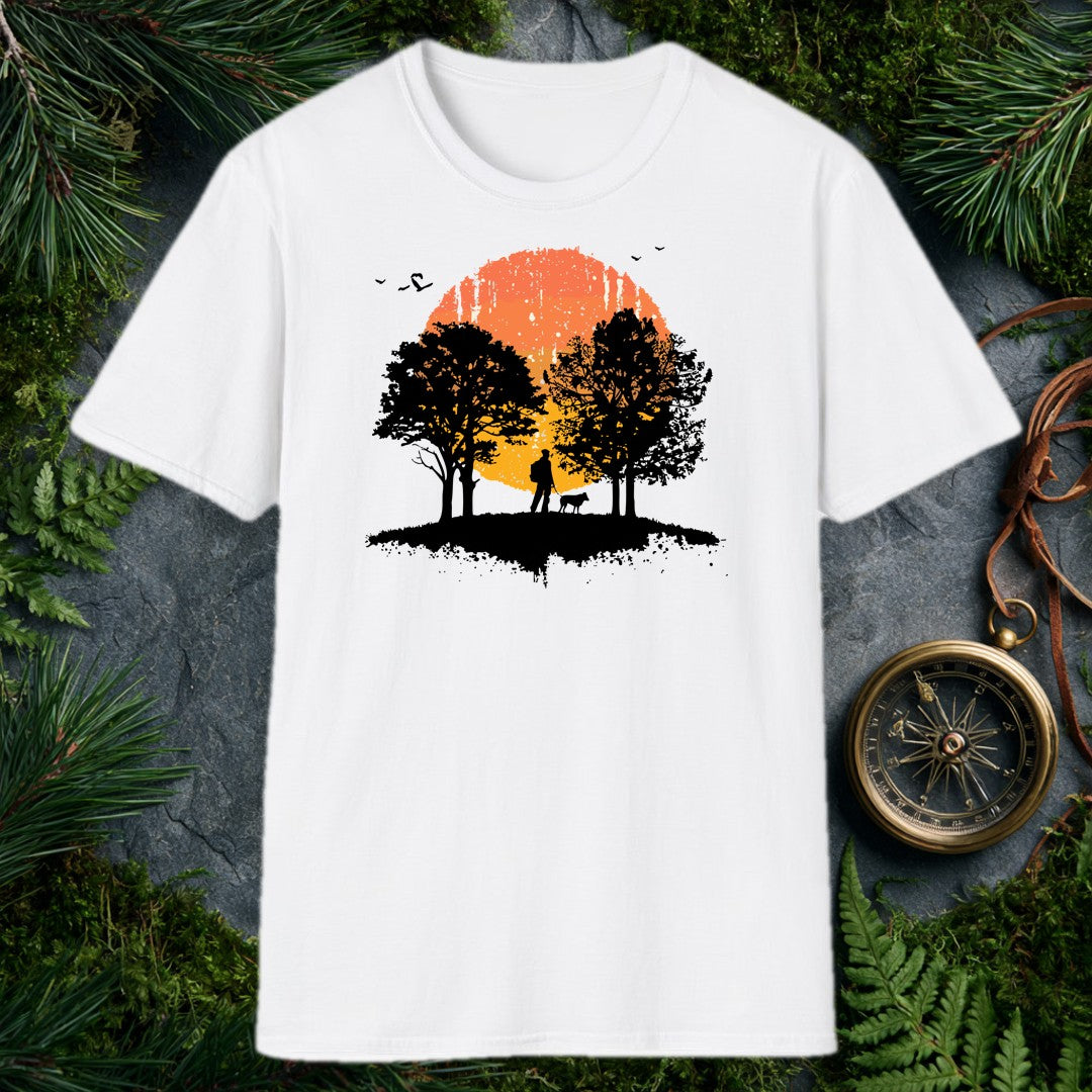 A backpacker and their dog stand together beneath broad hardwoods, silhouetted against a wide watercolor sun burning orange to gold — for anyone who measures a…