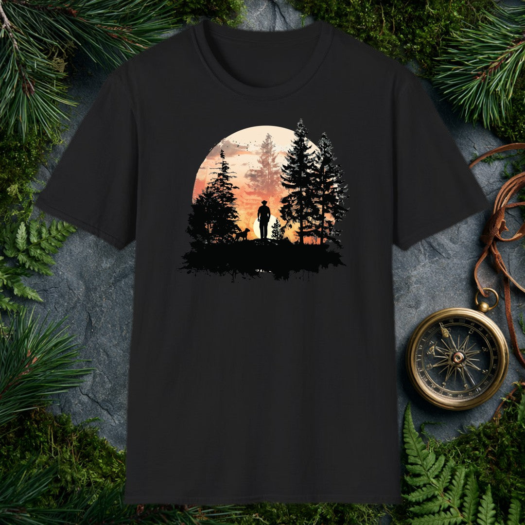 A lone figure in a wide-brim hat stands at the edge of a pine clearing, dog at his side, watching the sun burn low behind the mountains — this one's for anyone…