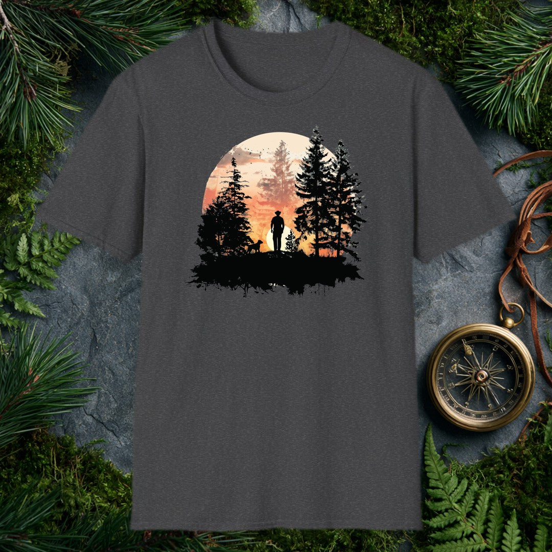 A lone figure in a wide-brim hat stands at the edge of a pine clearing, dog at his side, watching the sun burn low behind the mountains — this one's for anyone…